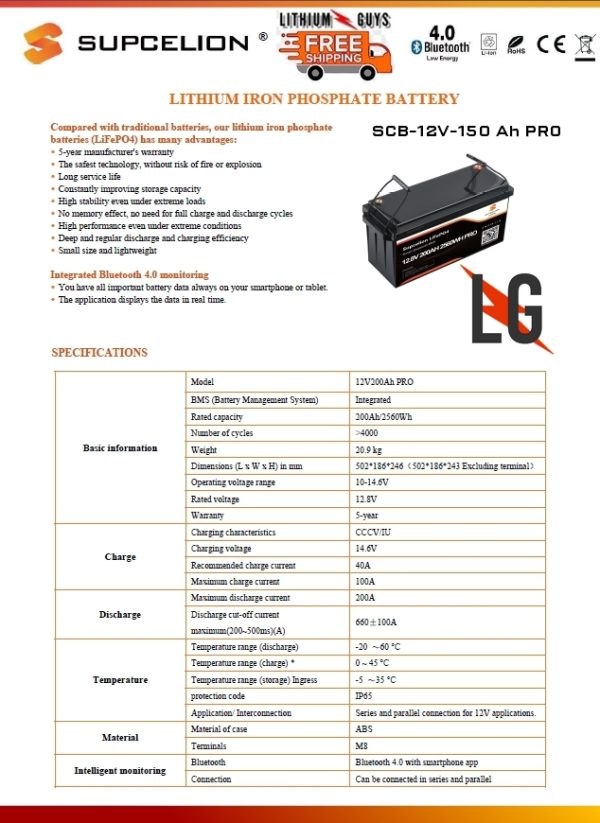 Supcelion LiFePO4 SCB 12V 100Ah Spec Sheet