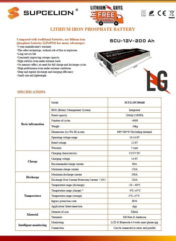 Supcelion LiFePO4 SCU12v 200Ah Spec Sheet