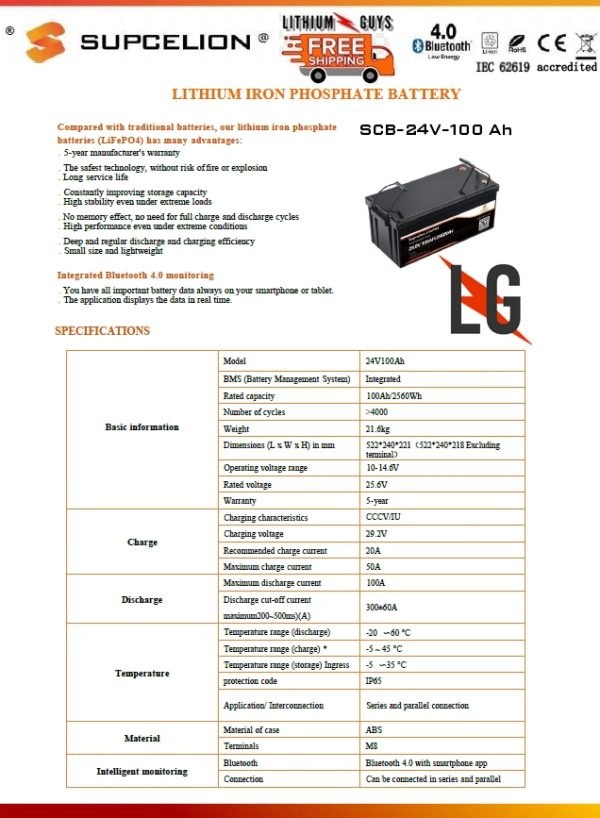 Supcelion LiFePO4 World's #1 SCB24100 Spec Sheet