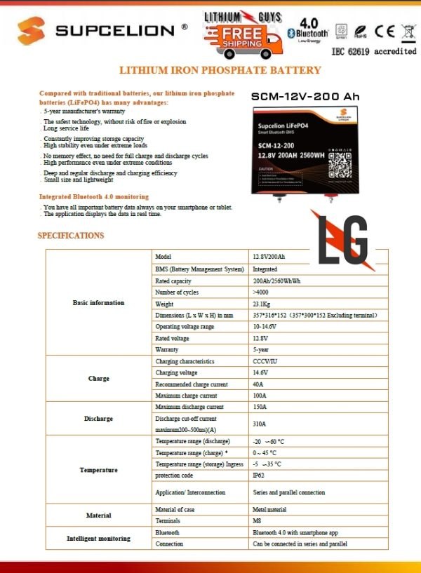 Worlds #1 Supcelion SCM12v 200Ah Spec Sheet