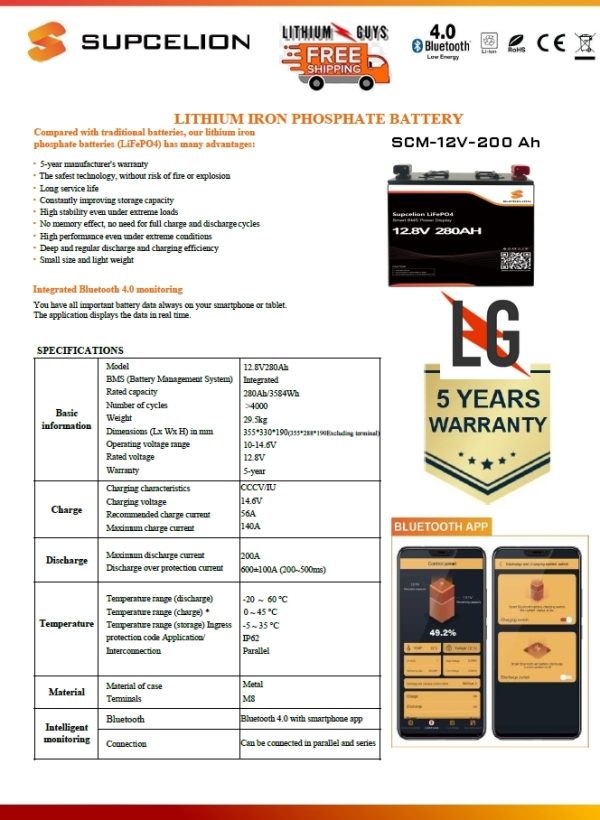 Supcelion Worlds #1 SCM12v 200Ah Spec Sheet